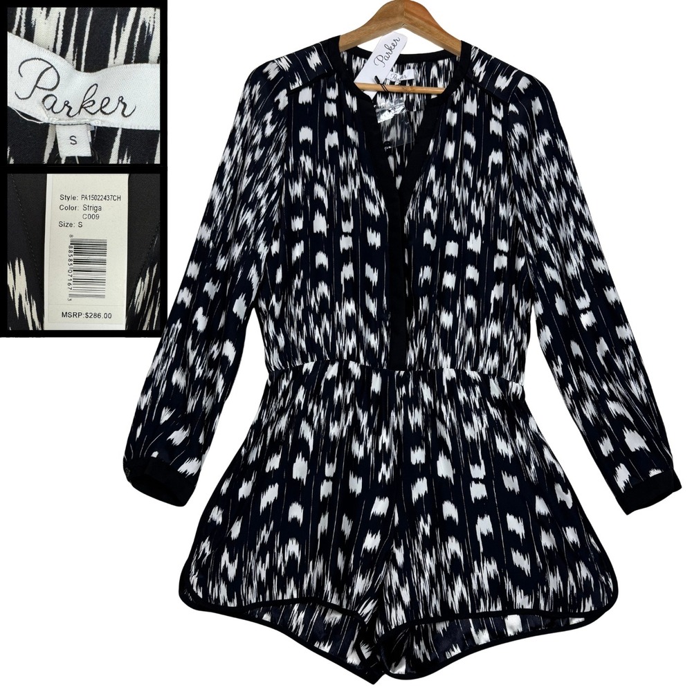 NWT Parker Striga Silk Romper Ikat Print Long Sleeve Womens S Black White Luxury